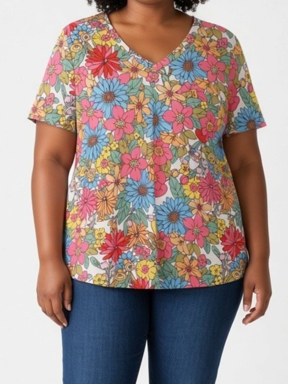 Honeyme Curvy Retro Daisy Floral Print V-Neck Short Seeve Tee Tunic XXXL 3XL